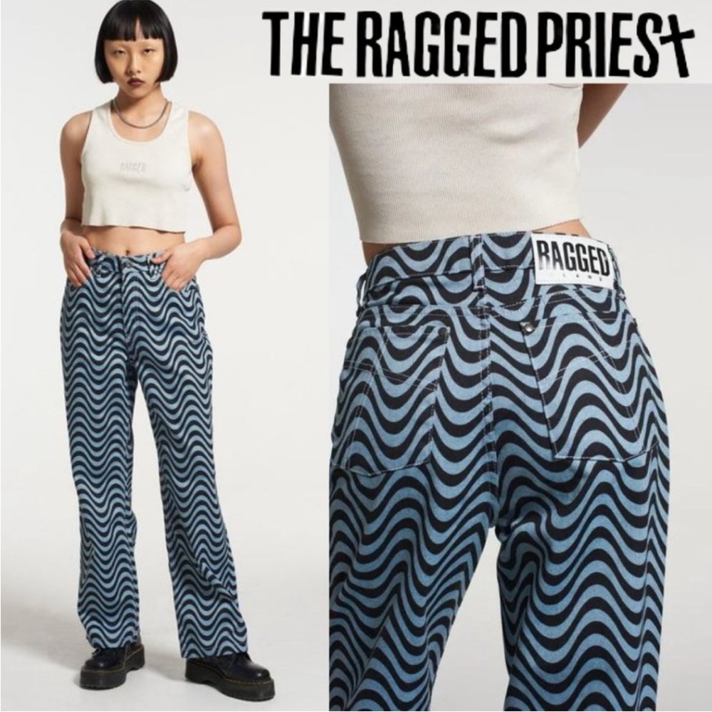 The Ragged Priest Blue & Black Wavy Print Straight Jeans Size 28
